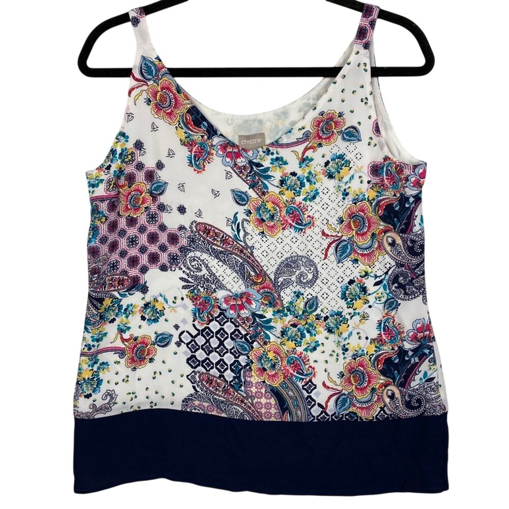 Chico’s Women's Blue White Floral Paisley V-neck Tank Top Size Small